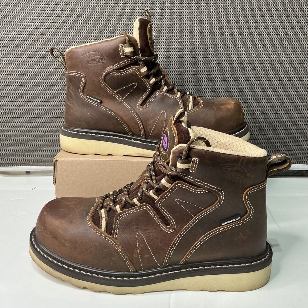 Avenger Womens A7550 Waterproof Brown Leather Work Boots US 9.5 Medium ASTM EH
